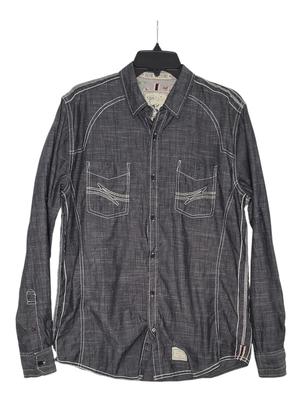 DRILL Clothing Co. Mens Med Slim Fit Button Down Shirt Charcoal Gray Stitching